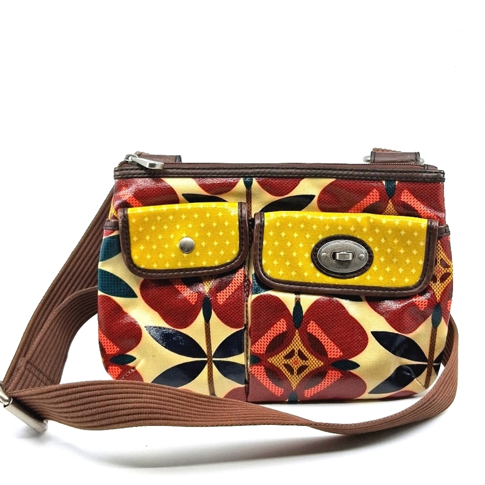 FOSSIL Vintage Key-Per Floral Crossbody Bag PVC Coated Textile Cow Leather
